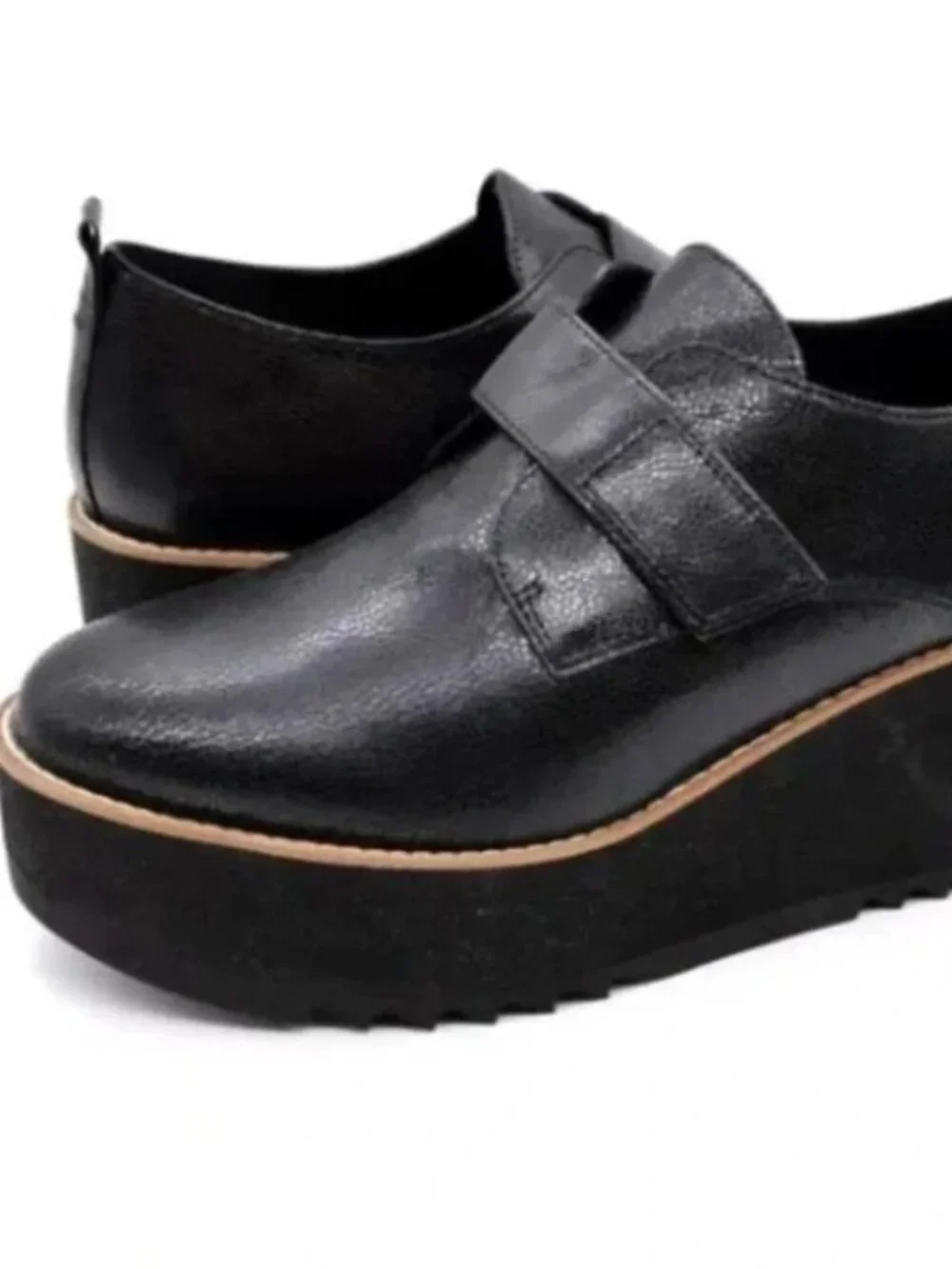 Eileen Fisher Black Leather Platform Slip-On Shoes Loafers - Picture 1 of 11